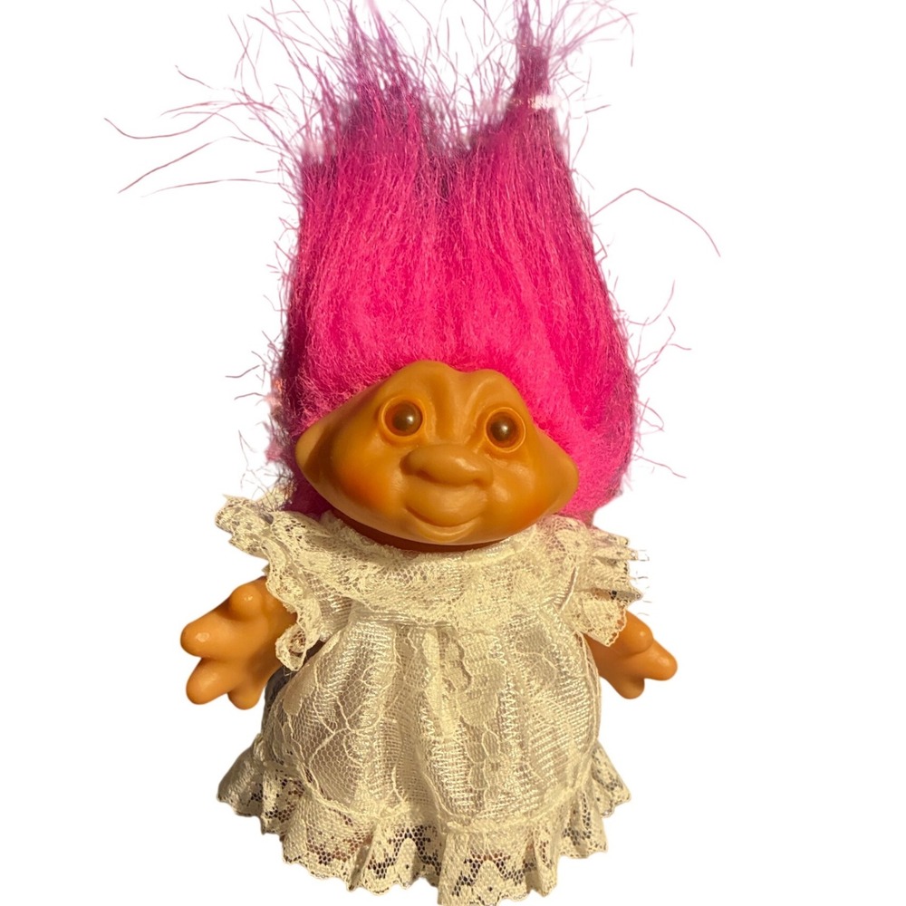 Vintage DAM troll doll 1986 pink hair amber eyes lace dress